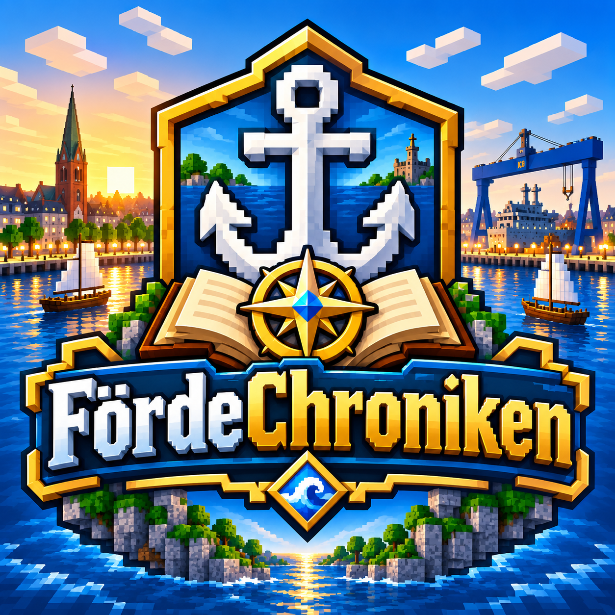 FördeChroniken: Anker, Kompass und Chronik vor der Kieler Hafenlandschaft